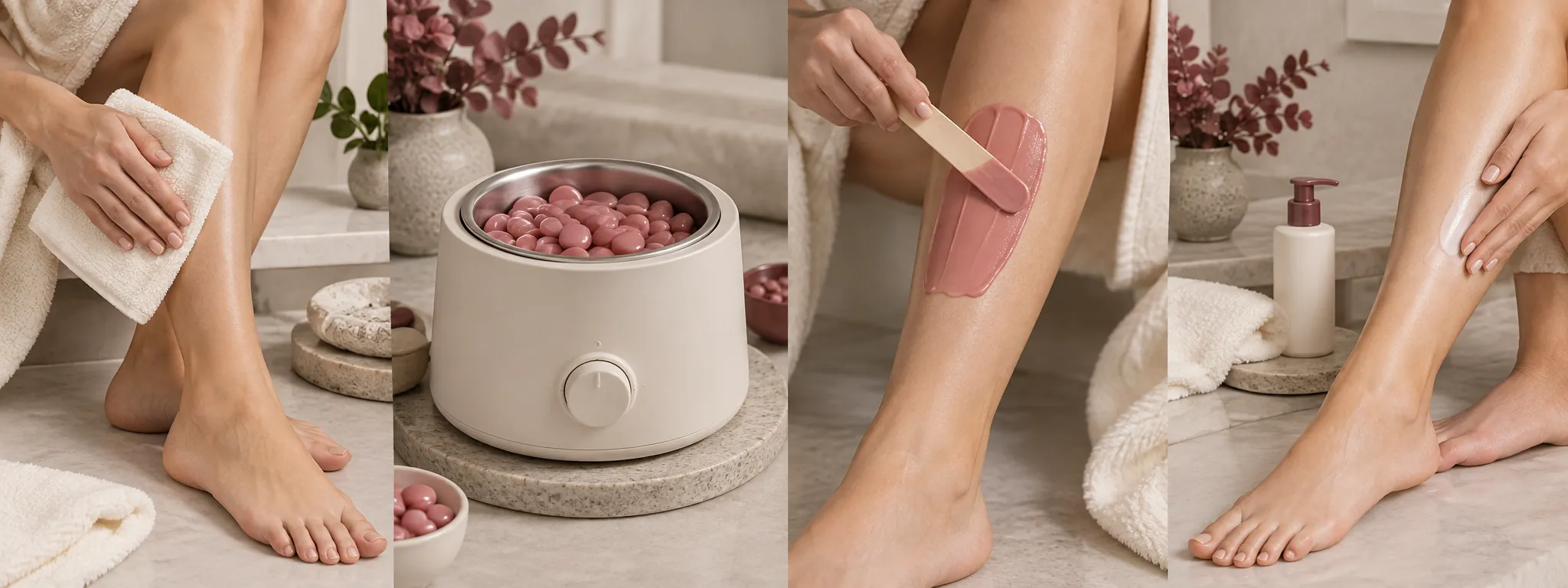 Cuatro etapas de una rutina de depilación con cera rosa en casa